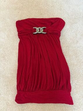 Red Strapless Ruched Tube Dress with Decorative Buckle